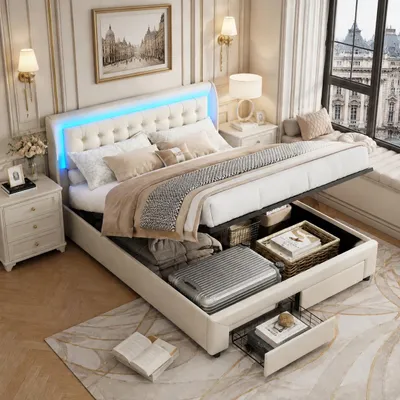 Image de INONEFT, lit hydraulique 180 x 200 cm, lit capitonné, lit double avec 2 tiroirs, lit pour adultes avec éclairage LED et sommier à lattes, en velours, couleur beige, sans matelas, Image générée par une IA