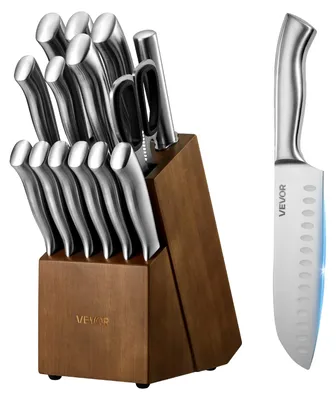 Produktbild von VEVOR Küchenmesser Set mit Block und Schleifer, 15-teiliges deutsches Hochkohlenstoff-Edelstahl-Messer Set, Küchenbesteck mit PP ergonomischem Griff, Schleifstab und Holzblock, für Hobbyköche, Edelstahl