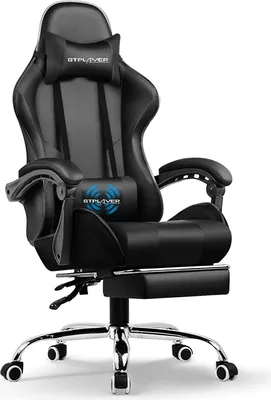 Zdjęcie produktu dla GTPLAYER Fotel biurowy Fotel do gier Fotel do gier z masażem Ergonomiczny fotel do gier z podnóżkiem, zagłówkiem i poduszką lędźwiową do masażu, tapicerowany fotel do gier, fotel obrotowy