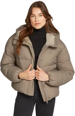 Productafbeelding van Calvin Klein dames pufferjas, korte model met capuchon, beige (brindle)