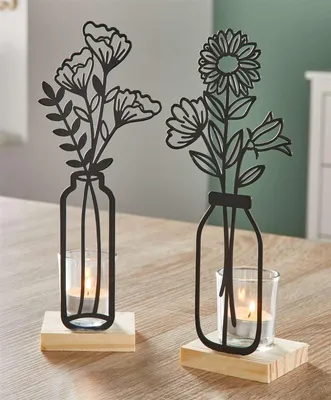 Produktbild von 2x Teelichthalter "Metallblumen" matt schwarz, 27 cm hoch, Kerzengläser auf Holz-Sockel, Metall Deko mit Windlicht-Glas, Kerzenständer