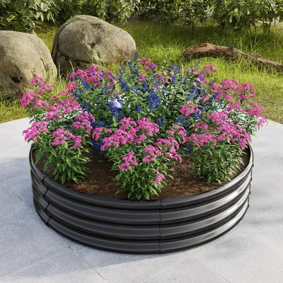 Immagine prodotto di Flieks fioriera rotonda rialzata, fioriera senza base, letto da giardino in metallo per esterni, 120x120x30cm, nero