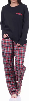 Produktbild von Damen Flanell Schlafanzug Pyjama Set lang mit Flanell Hose und Jersey Oberteil ; schwarz , 44