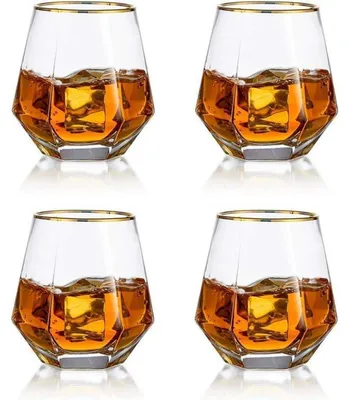 Productafbeelding van Whiskyglazen, set van 4, schuin model, 300 ml, helder met gouden rand