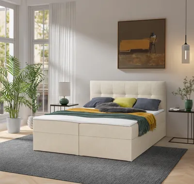 Obrázek produktu pro Ravio Boxspringbett Toronto 160x200 s úložným prostorem, čalouněná postel s matrací Bonell a topperem – luxus pro vaši ložnici, Herbi - krémová