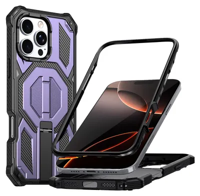 Image de Étui magnétique pour iPhone 16 Pro, compatible avec MagSafe, avec support métallique, étui antichoc de qualité militaire - Violet