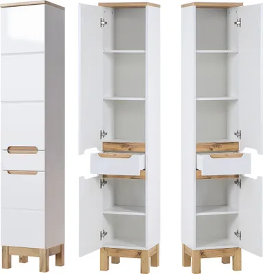 Produktbild von Badezimmer Hochschrank SOLNA-56 Hochglanz weiß mit Wotaneiche, B x H x T ca. 35 x 187 x 33cm