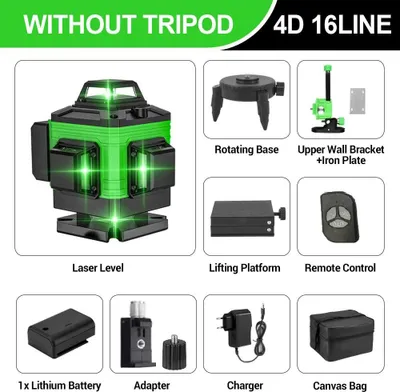 Obrázek produktu pro 4D laserová vodováha – 16čárový křížový laser – 360° samonivelační – zelený paprsek – horizontální a vertikální – zástrčka EU – včetně brašny
