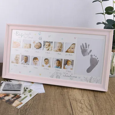 Produktbild von Baby Handabdruck und Fußabdruck Fotorahmen Jubiläum Wachstumsrekord Babygeschenke Fotorahmen mit Das Stempelkissen Rosa