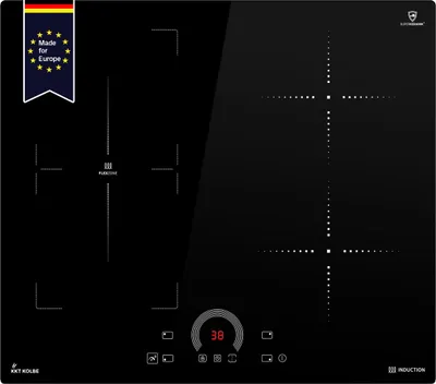 A black induction cooktop with four cooking zones and a digital display.
