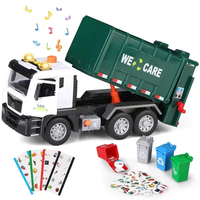 Immagine prodotto di Camion della spazzatura giocattolo - Camion giocattolo - Con suoni e luci - Push and go - 3 bidoni della spazzatura