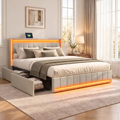 Produktbild von Polsterbett Bettgestell 140x200 cm Beige, Bettrahmen mit 4 Schubladen Stauraum, LED Beleuchtung, USB Anschluss, Leinenstoff, ohne Matratze