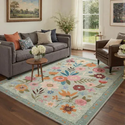 Vintage Kurzflor Teppich 160x230 cm, Blumenmuster, waschbar