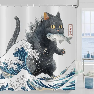 Immagine prodotto di Tenda da doccia con motivo di gatto giapponese - 180x200 cm, impermeabile e lavabile