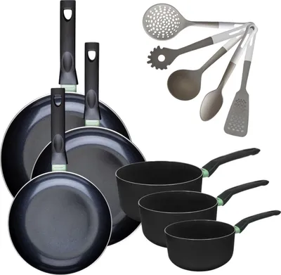 Image de Batterie de cuisine avec 3 poêles 24/28/30 cm et 3 casseroles 16/18/20 cm sans PFAS et 5 ustensiles de cuisine Fackelmann Brandao Vario