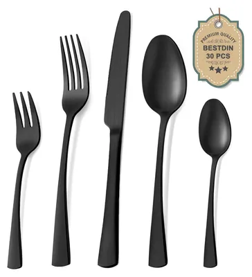 A set of black matte stainless steel cutlery is displayed against a white background.