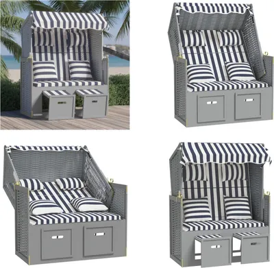Produktbild von vidaXL Strandkorb mit Kissen Poly Rattan und Massivholz Blau & Weiß - Strandkorb - Strandkörbe - Sonnenliege - Strandliege