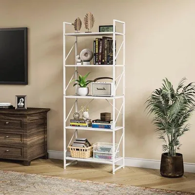 Productafbeelding van Famanu boekenkast met 5 niveaus, met houten planken en een metalen frame - Wit, ruimtebesparend design
