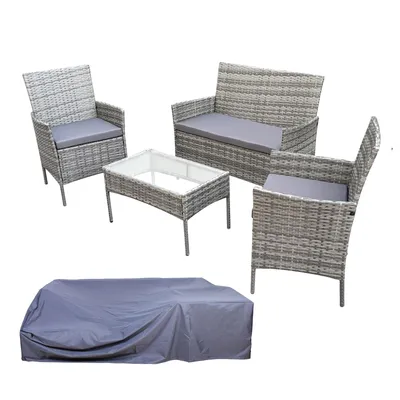 Produktbild von SVITA BROOKLYN Set Gartenlounge 4-teilig mit Abdeckhaube Polyrattan Lounge Set wetterfest Garten Terrasse Balkon inkl. Kissen Glas Tisch Grau