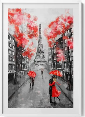 Produktbild von Paris - Eiffelturm und rote Regenschirme– Wandbild mit Rahmen – Gerahmtes Bild  – Wanddekoration – 70x100 cm –  Weiß Rahmen