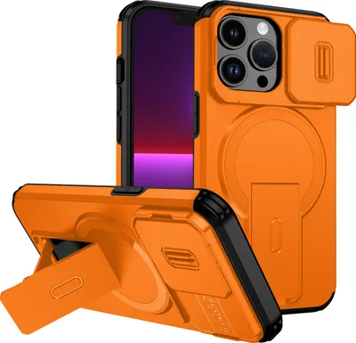 Image de Étui magnétique pour iPhone 13 Pro, étui durable à deux couches avec protection coulissante de l'appareil photo et support réglable Orange