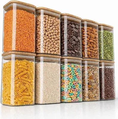 Imagen del producto de - Frascos de vidrio con tapa, capacidad de 1650 ml - Juego de 10 unidades - Recipientes de vidrio, resistentes al calor - Contenedores para alimentos con tapa de bambú, herméticos, ideales para cereales, azúcar, harina, café, arroz