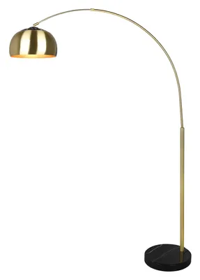 A floor lamp with a curved arm and a brass-colored shade, standing on a black marble base.