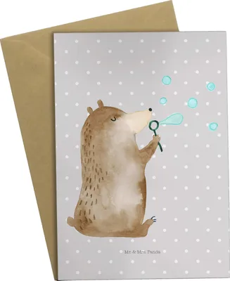 Produktbild von Mr. & Mrs. Panda Glückwunschkarte Bär Seifenblasen - Grau Pastell - Geschenk, osterkarte, glückwunschkarten, einladungskarten, hochzeitskarten, weihnachtskarten, Teddy