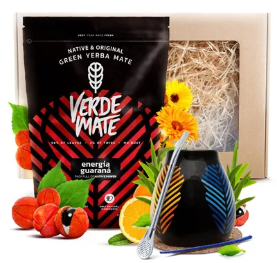 Produktbild von Verde Mate - Mate Tee Set Guarana 400g - Mate Becher Samba 350ml - Dicke Blätter 5mm - Mit Bombilla Mercedes - Yerba Brasilien - Luftgetrocknet, Mild