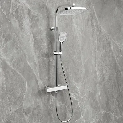 Immagine prodotto di Set completo per sistema doccia termostatico, cromato, con doccia a pioggia da 32 cm, soffione manuale con 3 getti, e altezza regolabile da 79 a 128 cm