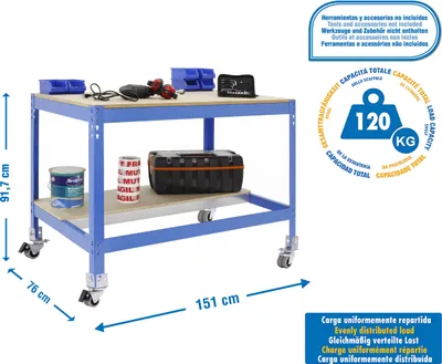 Immagine prodotto di Banco da lavoro e montaggio in metallo senza parafusibili SIMONWORK MOBILE BT0 1500 BLU/LEGNO