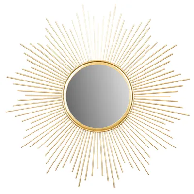 A sunburst mirror with a gold frame and a reflective center.