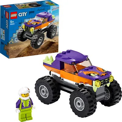 A LEGO City Monster Truck set is shown, including the product box and the assembled toy with a minifigure.