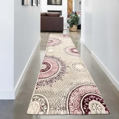 Produktbild von Designteppich Kreisornamente Pink Lila Grau Creme – elegant & modern Größe - 80 x 300 cm