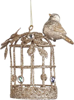 Productafbeelding van Kerstbal in de vorm van een vogel in een kooi, 10 cm, goudkleurig, kerstversiering