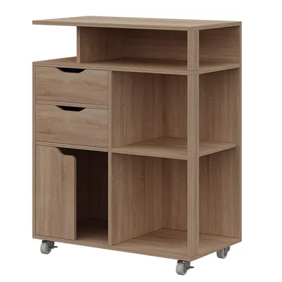 Image de Meuble de bureau multifonctionnel mobile avec table pour imprimante, sur roulettes, brun clair