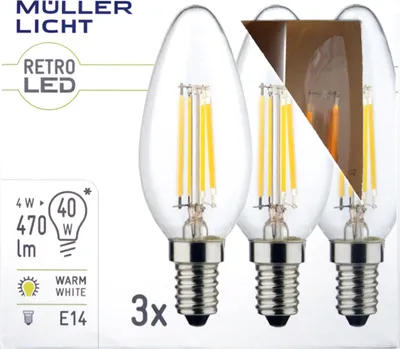 Produktbild von Müller-Licht LED Kerze 4W E14 2700K klar 3er Box, 4 W, 40 W, E14, 470 lm, 10000 h, Warmweiß