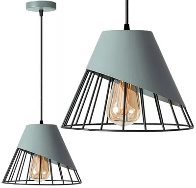 A product shot of a pendant lamp with a gray shade and black metal cage, showing a single bulb.
