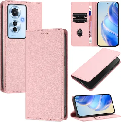 Produktbild von Litchi Leder Handyhülle für Oppo Reno11 F Wallet Kartenfächer Standfunktion Hülle Pink