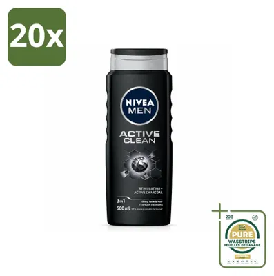 Immagine prodotto di 20 flaconi di gel doccia NIVEA MEN Active Clean 3-in-1 - 500 ml - Confezione risparmio - 20 pezzi