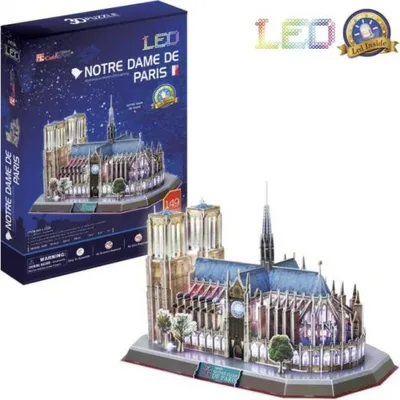 A 3D puzzle of Notre Dame Cathedral with LED lights, shown with its packaging.