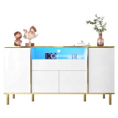 A white sideboard with gold accents and blue LED lighting, displayed against a white background.