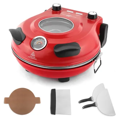 Pizzaofen 1200 W, 31 cm Keramikstein, 2 Temperaturregler, Rot