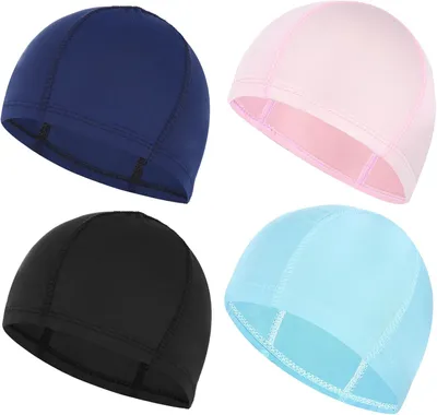 Image de Lot de 4 bonnets de bain, flexibles et élastiques, adaptés aux cheveux longs et courts, pour hommes et femmes