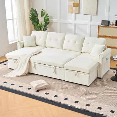 Produktbild von okwish Ecksofa U Form,Schlafsofa mit Schlaffunktion,für 4 bis 5 Personen, Modulares Sofa mit Bettkasten ,Sitzgruppe mit Seitentasche,Chenille,Wohnzimmersofa,Beige