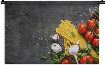 Produktbild von MuchoWow® Wandteppich Wandbehang Nudeln - Kräuter - Tomate - Gewürze - Rustikal 150x100 cm Tapisserie Dekoration Wandtuch - Waschbar - Tapisserien - Wand-Decke