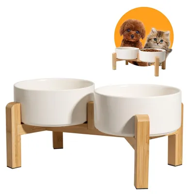 Immagine prodotto di Elzusha - Ciotola rialzata per cani e gatti - Set doppio in Vetroceramica con supporto in bambù