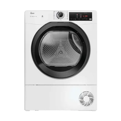 A front-on studio shot of a white tumble dryer.