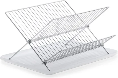 A chrome-plated metal dish drying rack with a white plastic tray.