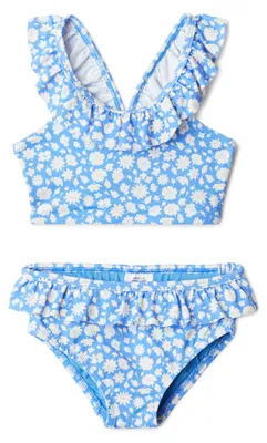 Immagine prodotto di A. Set bikini da ragazza, due pezzi, con volant, blu con motivo floreale, taglia 4